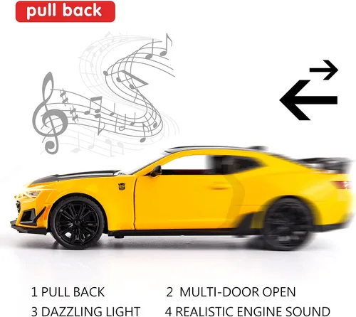 Miniatura 6 de BDTCTK 1/24 Camaro Bumblebee Modelo de Coche de Juguete, Aleación de Zinc Fundido a Presión, Coche de Juguete con Sonido y Luz para Niños, Niños