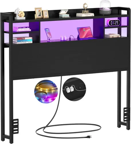 Aheaplus Cabecero para cama de tamaño individual con almacenamiento, cabeceros con luz LED, tomas de corriente, puertos USB, tamaño individual,