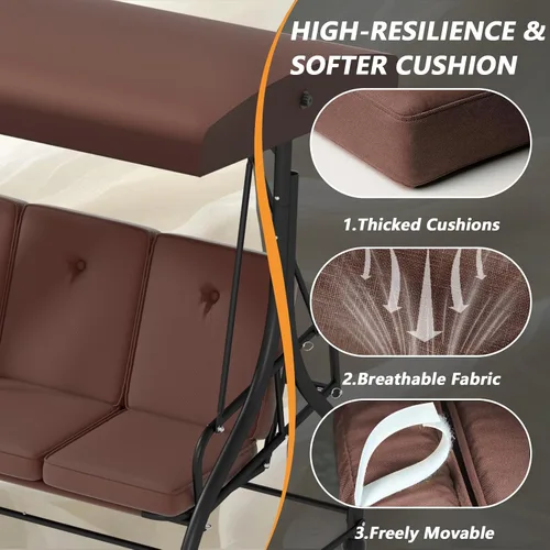 Miniatura 3 de Columpio para porche al aire libre de 3 asientos con soporte, capacidad de 760 libras, columpio de patio resistente para adultos, columpio Marrón