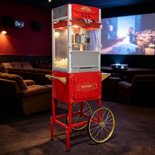 Miniatura 11 de Máquina de palomitas de maíz de estilo vintage de 8 onzas – Máquina de aperitivos con hervidor de acero inoxidable, carrito retro vintage y ruedas