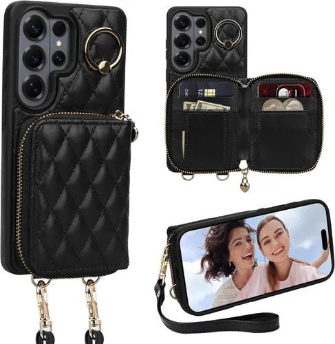 Miniatura 76 de Funda tipo cartera para iPhone 15 de 6.1 pulgadas, bolso cruzado con cremallera y correa para la muñeca con cordón para mujer, tarjetero con bloqueo