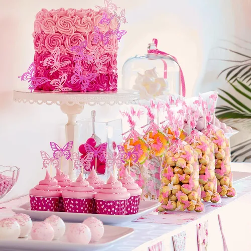 Miniatura 5 de Zonon 100 bolsas de plástico de celofán con 100 lazos plateados para golosinas con temática de mariposas, baby shower, fiesta de cumpleaños, Rosa