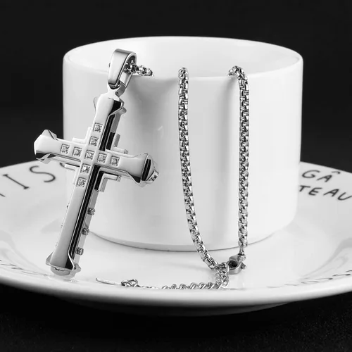Miniatura 4 de HZMAN Religion - Collar con colgante de cruz de circonita cúbica de acero inoxidable bizantino grande para hombre, cadena de 22 + 2 pulgadas
