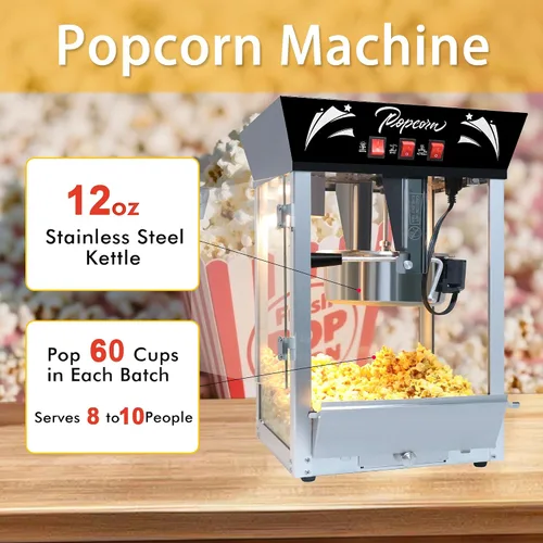 Miniatura 9 de Máquina comercial de palomitas de maíz de 12 onzas con luz de calentamiento, hace 60 tazas, máquina de palomitas de acero inoxidable estilo teatro