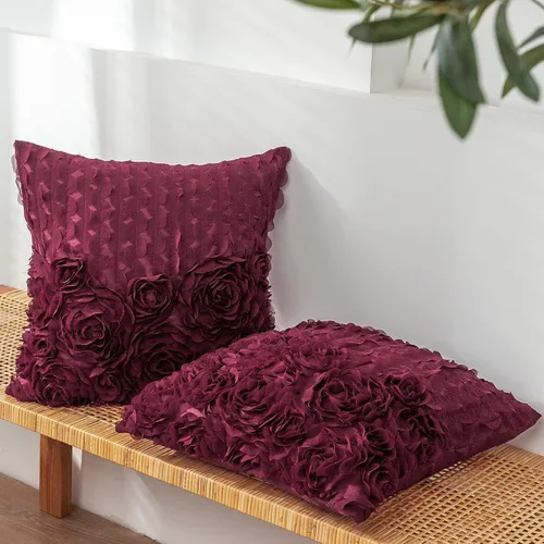CaliTime Juego de 2 fundas de almohada decorativas 3D de gasa con ondas de rosas, para sofá, dormitorio, 16 x 16 pulgadas, color borgoña