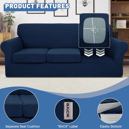 Miniatura 4 de JIVINER Fundas de sofá de 4 piezas para sofá de 3 cojines, funda elástica para sofá con 3 fundas de cojín de asiento, funda gruesa ajustada