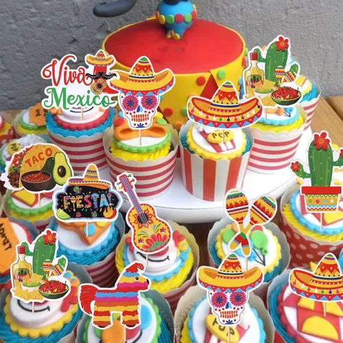 Miniatura 4 de Paquete de 40 adornos para cupcakes de fiesta de cactus, burro, maraca, sombrero, pimienta, guitarra, magdalenas, para fiesta mexicana, baby shower