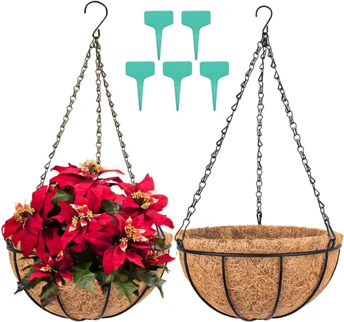 Wizdar 2 macetas colgantes de metal con forro de fibra de coco de 12 pulgadas, soporte redondo de alambre para plantas, decoración de porche, maceta