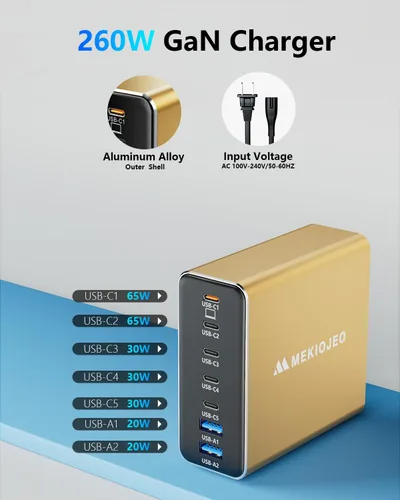 Miniatura 3 de Cargador USB C de aleación de aluminio 260 W GaN estación de carga rápida USB C 7 puertos 65 W cargador portátil para MacBook Pro/Air/iPad