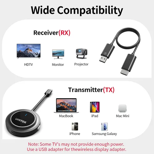 Miniatura 7 de Unitek Adaptador de dongle inalámbrico con pantalla HDMI con puerto de carga PD3.0 de 100 W, transmisor de duplicación inalámbrico USB C portátil