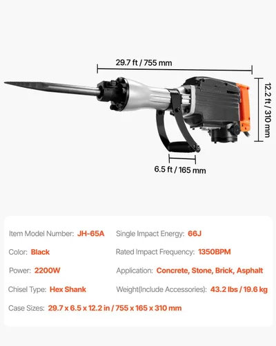 Miniatura 8 de VEVOR Martillo de demolición Jack Hammer, MAX 2200W Martillo eléctrico resistente, rompedor de concreto 1350 BPM 2 piezas de cinceles para astillas
