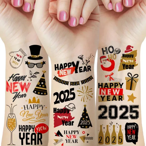 65 piezas de suministros para fiesta de Año Nuevo, 12 hojas de calcomanías de tatuajes temporales, decoraciones de feliz año nuevo, decoración NYE