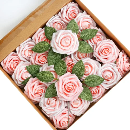 Higfra Flores artificiales, 25 rosas falsas de espuma de aspecto real con tallos para ramos de boda, centros de mesa de despedida de soltera, Brillo