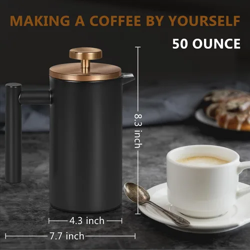 Miniatura 5 de Cafetera de Prensa Francesa de Acero Inoxidable Negro, Prensa Francesa Aislada de Doble Pared, para Café y Té, con 3 Pantallas Extra y una Cuchara