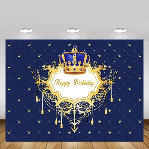 Miniatura 4 de Fondo de fotos de feliz cumpleaños azul y dorado para niño, corona de príncipe pequeño, decoración de fiesta, pancarta para fotografía de 7 x 5 pies