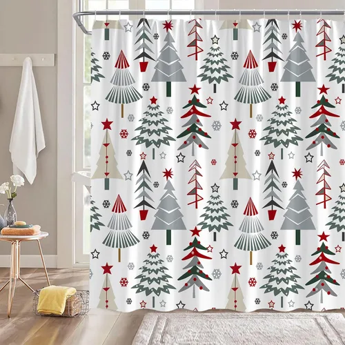 Miniatura 10 de Cortina de Ducha para Cabina Pequeña, Pino de Navidad Ciervo Reno Copo de Nieve Estrella Vacaciones de Invierno Festival Navideño Vida Silvestre