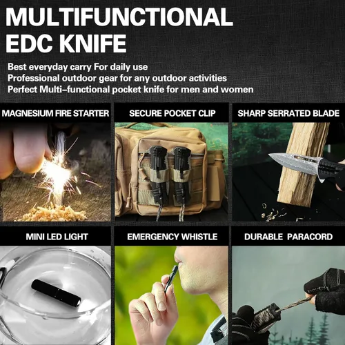 Miniatura 7 de XIPHIAS Damascus XK039DA - Cuchillo de supervivencia 6 en 1, multiherramienta plegable con luz LED, arrancador de fuego, silbato y paracaídas, clip