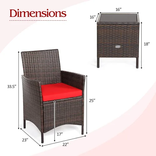 Miniatura 6 de Juego de muebles de patio de 3 piezas, muebles de mimbre para exteriores con cojín resistente al agua y mesa superior de vidrio templado, juego