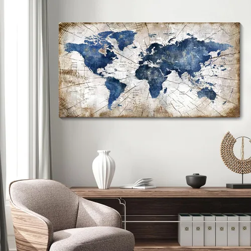 Miniatura 13 de Lienzo de mapa del mundo para pared, arte abstracto de mapas del mundo azul marino para pared, arte de pared moderno vintage para oficina, cuadros