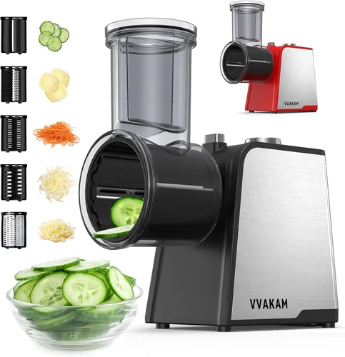 Rallador Eléctrico de Queso, Fabricante de Ensaladas con Motor DC de 300W, Rebanadora Trituradora Eléctrica con 5 Formas Diferentes de Cuchillas,