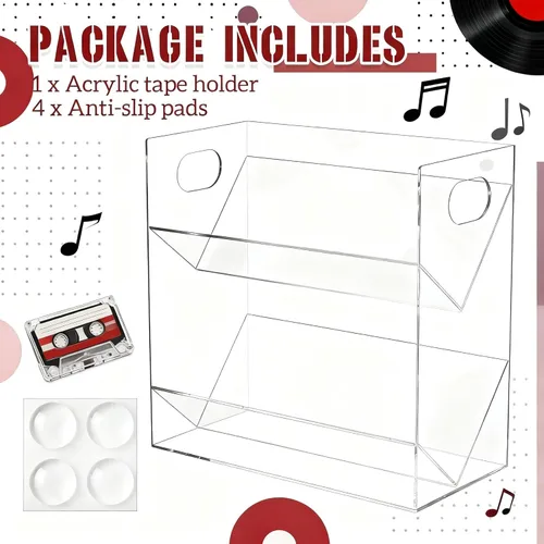 Miniatura 6 de Kathfly Soporte de cinta de casete de acrílico transparente, moderno, 2 niveles, retro, cinta de audio, estante de almacenamiento con asas