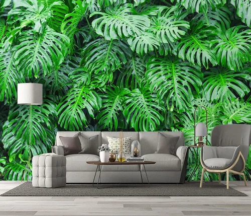 Miniatura 84 de Papel pintado botánico de selva tropical Hojas verdes de planta murales Estética para decorar habitación Sala de estar Fondo de TV Gran mural de B033