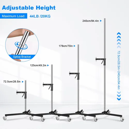 Miniatura 3 de Soporte de agarre de pistola resistente, soporte de luz rodante de fotografía de 8.2 ft/8.2 pies con ruedas y un brazo deslizante Carga máxima