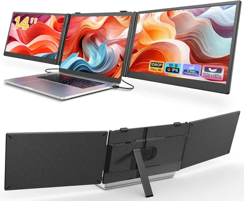 Extensor de pantalla para laptop, monitor portátil triple ultradelgado FHD 1080P de 14 pulgadas para portátiles, extensor de monitor de viaje USB-C