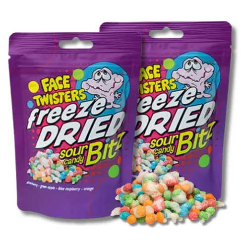 Face Twisters - Caramelos agrios liofilizados, paquete de 2, cuatro sabores agrios afrutados, bolsas de 4.23 onzas