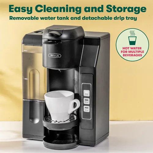Miniatura 5 de BELLA Cafetera de una porción, doble preparación, compatible con K-cup - Elaborador de café molido con tanque de agua extraíble y bandeja de goteo