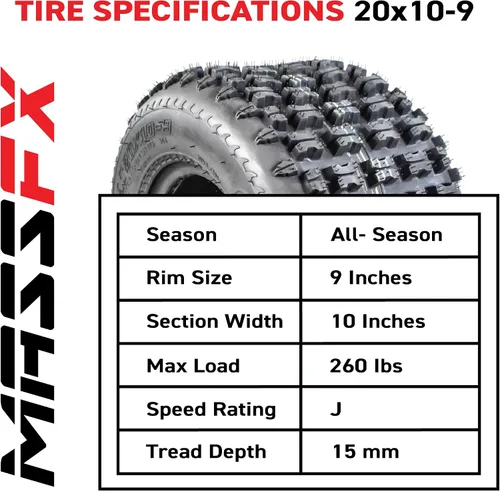 Miniatura 3 de MASSFX 20x10-9 Neumático Trasero para Vehículos Todo Terreno (ATV), Utilidad-Tarea (UTV) y Lado a Lado (SxS) - 4 Capas con Profundidad de Banda