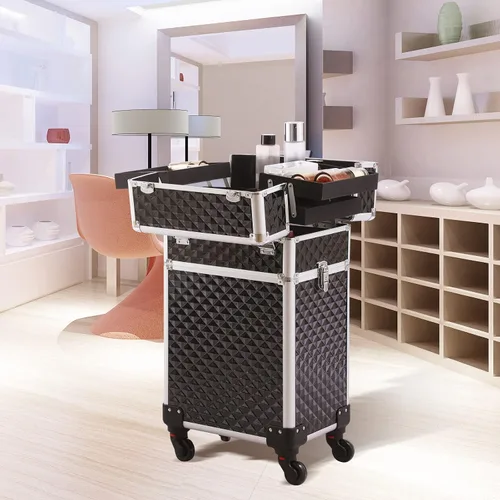 Miniatura 7 de Somduy Estuche de maquillaje rodante 3 en 1, organizadores profesionales de maquillaje, estuche de cosméticos de almacenamiento grande, estuche