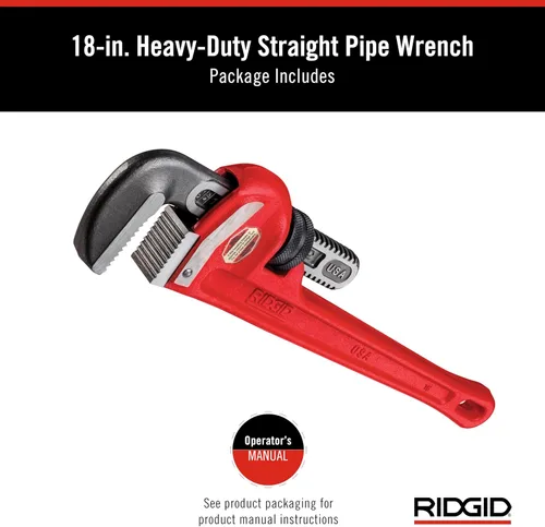 Miniatura 2 de RIDGID 31025 Llave de tubo recta modelo 18 resistente, llave de fontanería de 18 pulgadas