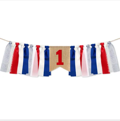 Decoración de cumpleaños de bebé para primer cumpleaños, para silla de bebé, Día de la Independencia, decoraciones patrióticas, pancarta de Azul y