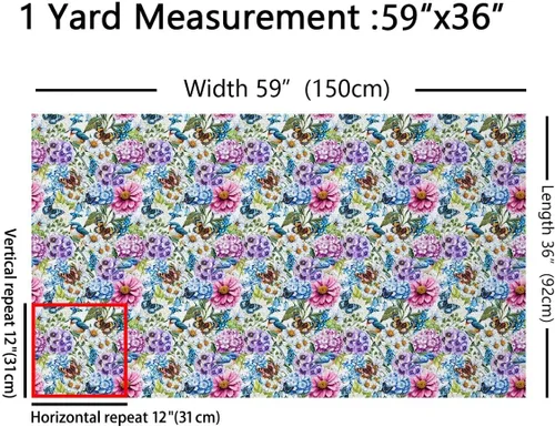 Miniatura 2 de Tela de Flores Primaverales por Yarda para Sofás, Tela Decorativa de Florales de Pueblo Pájaros Mariposas, Tela de Patrón de Jardín Acuarela