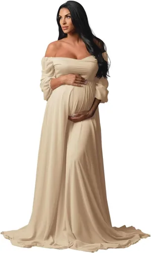Fivsole Vestido de maternidad de manga larga de gasa para sesión de fotos, hombros descubiertos, vestidos de maternidad para embarazo, vestidos de