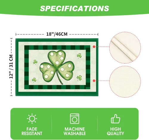 Miniatura 6 de Artoid Mode Juego de 4 manteles individuales verdes con citas del día de San Patricio para mesa de comedor, 12 x 18 pulgadas, trébol de la suerte