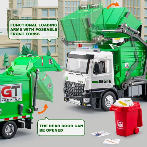 Miniatura 5 de Camión de basura de juguete para niños, camión de basura grande de 12 pulgadas con luces y sonidos, juego de juguetes de reciclaje de gestión