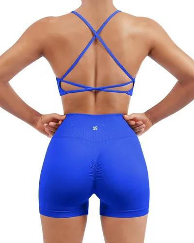 SUUKSESS Conjuntos de entrenamiento sin costuras para mujer, sujetador deportivo con tiras y cintura alta, pantalones cortos