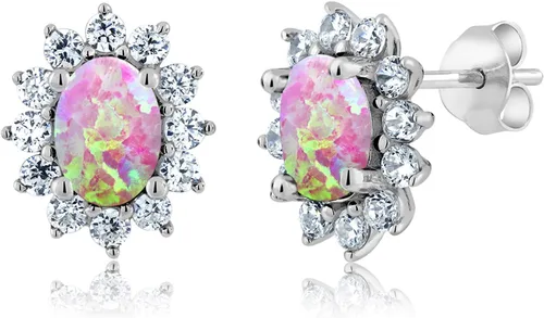 Miniatura 301 de Gem Stone King Aretes ovalados de plata de ley 925 de 0.276 x 0.197 in con piedra natal de la princesa Diana, estilo halo real para mujeres