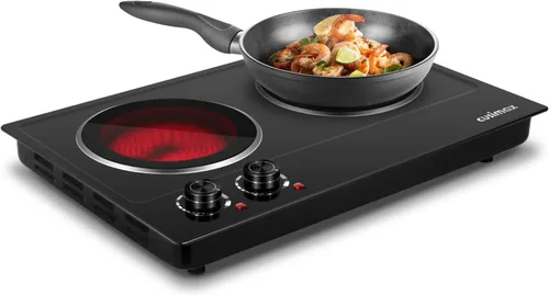 CUSIMAX Doble quemador, placa eléctrica de cerámica de 1800 W para cocinar, estufa infrarroja de doble control, quemador portátil de encimera, placa