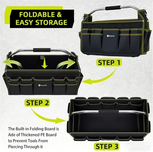 Miniatura 3 de Bolsa de Herramientas Plegable de Boca Abierta de 16 Pulgadas, Bolsas de Herramientas para Hombres de Servicio Pesado, Portaherramientas Bolsa