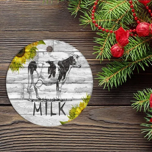 Miniatura 2 de Adorno de cerámica de Navidad con flores rústicas de madera vaca, adornos para árbol de Navidad, árbol de Navidad primitivo, granja, adorno