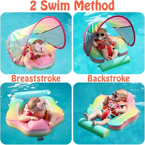 Miniatura 3 de Mambobaby Flotador con toldo y cola - Flotador para bebé con toldo, entrenador de natación infantil no inflable mejorado, toldo UPF+, arnés