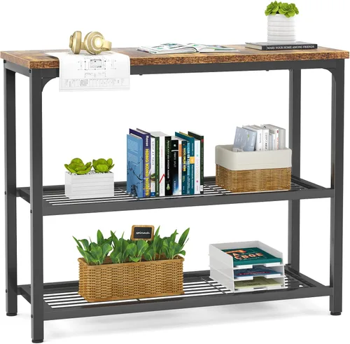 Miniatura 8 de Ecoprsio Mesa consola pequeña, mesa de sofá con estantes dobles de malla, moderna mesa de entrada para entrada, pasillo, vestíbulo, pasillo Gris