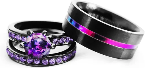 Juego de anillos de boda His Hers para parejas, anillos a juego para mujer, chapado en oro negro de 18 quilates, circonita violeta, anillos de