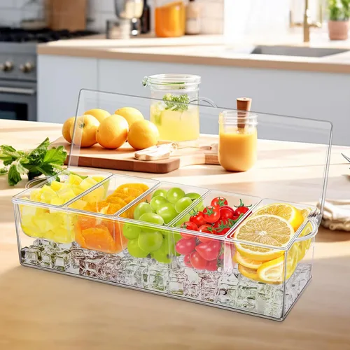 Miniatura 7 de Servidor de condimentos de 5 compartimentos, recipientes de condimentos enfriados con hielo, bandeja transparente para servir condimentos sobre