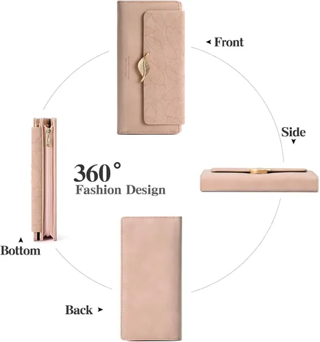 Miniatura 6 de Cartera de cuero para mujer, con bloqueo RFID, gran capacidad, triple tarjetero, carteras, monedero largo con ventana de identificación, C02 Rosa