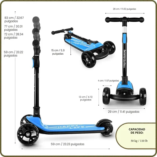 Miniatura 8 de Besrey - Patinete para niños de 3 a 10 años, patinete plegable de 3 ruedas con altura ajustable, ruedas con luz LED, plataforma extra ancha para Azul