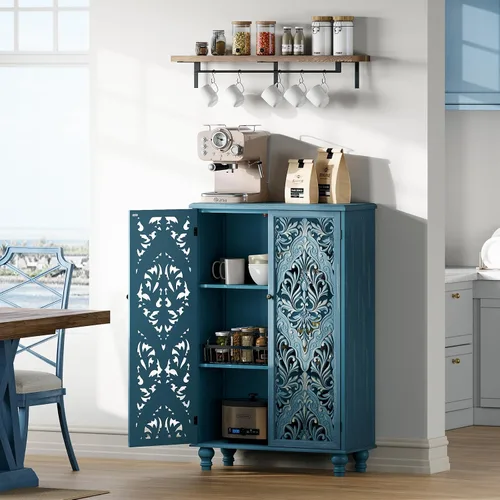 Miniatura 6 de Jiansu furni, Armario buffet de 63 pulgadas con puertas de vidrio arqueadas, moderna credenza de cocina negra con almacenamiento, mesa de consola